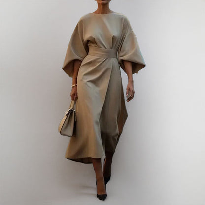 Women’s Long Dress – Satin Finish – Batwing Sleeve – Fitted Waist – Formal Wear