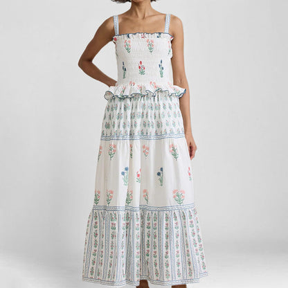Women’s Sundress – Shirred Bodice – Tiered A-Line Skirt – Spaghetti Straps – Midi Length