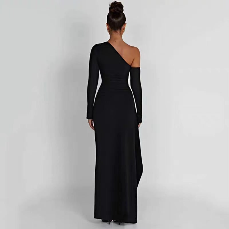 Women’s Maxi Dress – Slim Fit – One Shoulder – High Slit – Long Sleeve