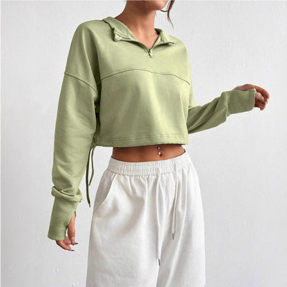 Women’s Cropped Sweatshirt – Relaxed Fit – Zip Neck – Balloon Sleeves