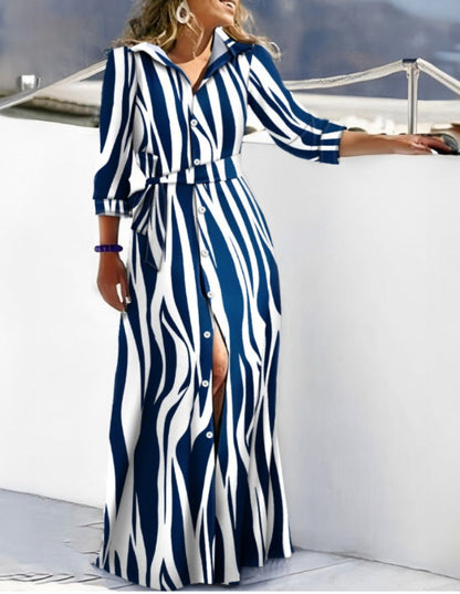 Women’s Shirt Dress – Relaxed Fit – Long Sleeve – Cotton Feel – Belted Waist – Button Front