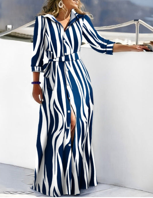 Women’s Shirt Dress – Relaxed Fit – Long Sleeve – Cotton Feel – Belted Waist – Button Front
