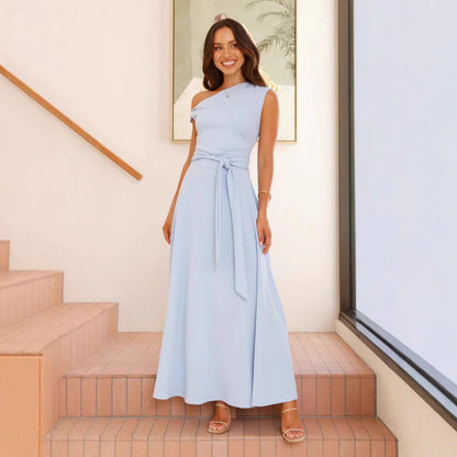 Women’s Maxi Dress – One-Shoulder – Satin Finish – Waist Tie – Elegant Silhouette