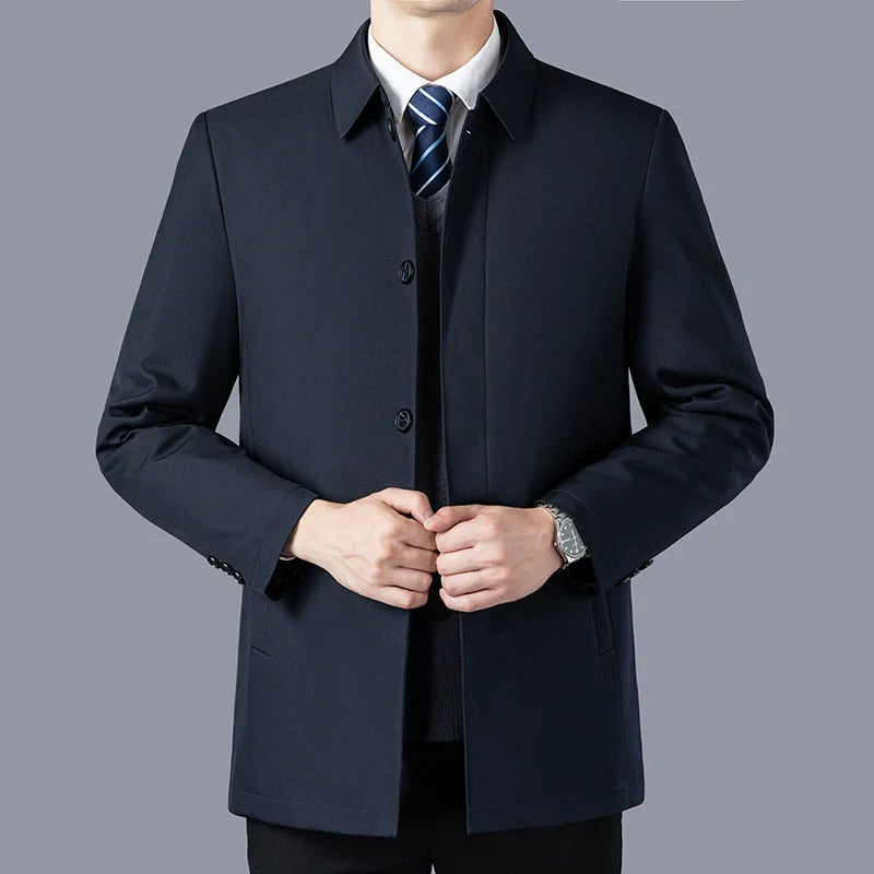 Men’s Mid-Length Jacket – Tailored Fit – Cotton – Lapel Collar – Button Closure