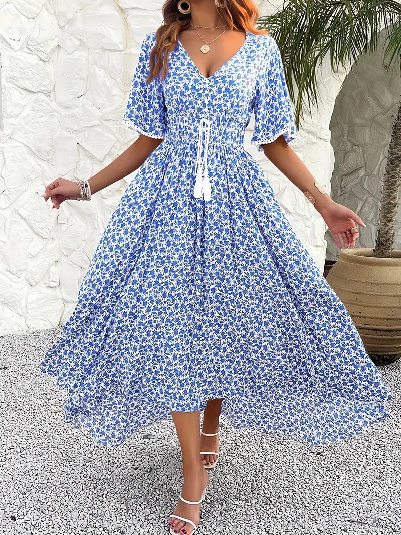 Women’s Midi Dress – Floral Print – V-Neck – Adjustable Waist – Short Sleeve – Slit Hem