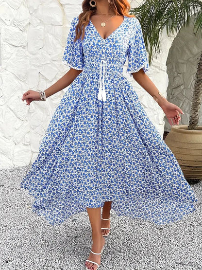 Women’s Midi Dress – Floral Print – V-Neck – Adjustable Waist – Short Sleeve – Slit Hem