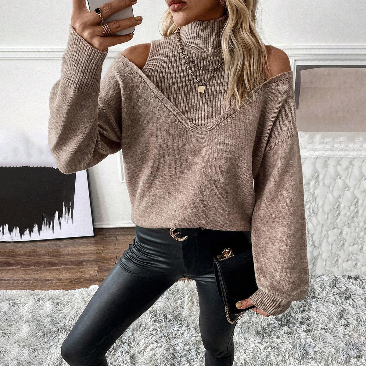 Women’s Knit Sweater – Soft Knit – Off-Shoulder V-Neck – Relaxed Fit – Layered Look