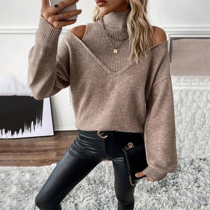 Women’s Knit Sweater – Soft Knit – Off-Shoulder V-Neck – Relaxed Fit – Layered Look
