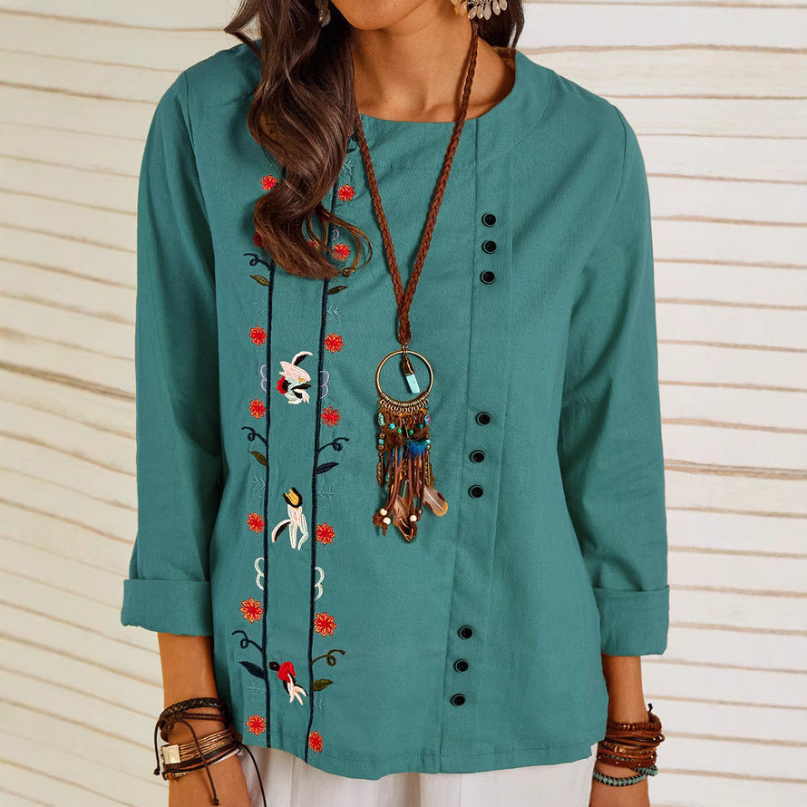 Women’s Blouse – Loose Fit – Linnen Cotton – Embroidered – Long Sleeve – Crew Neck