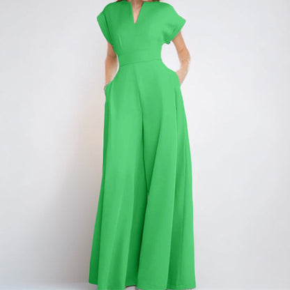 Women’s Jumpsuit – V-Neck – Short Sleeve – Wide Leg – Loose Fit – Lightweight Fabric