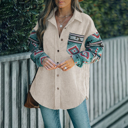 Women’s Corduroy Shirt – Relaxed Fit – Printed Sleeves – Button-Down Casual Style