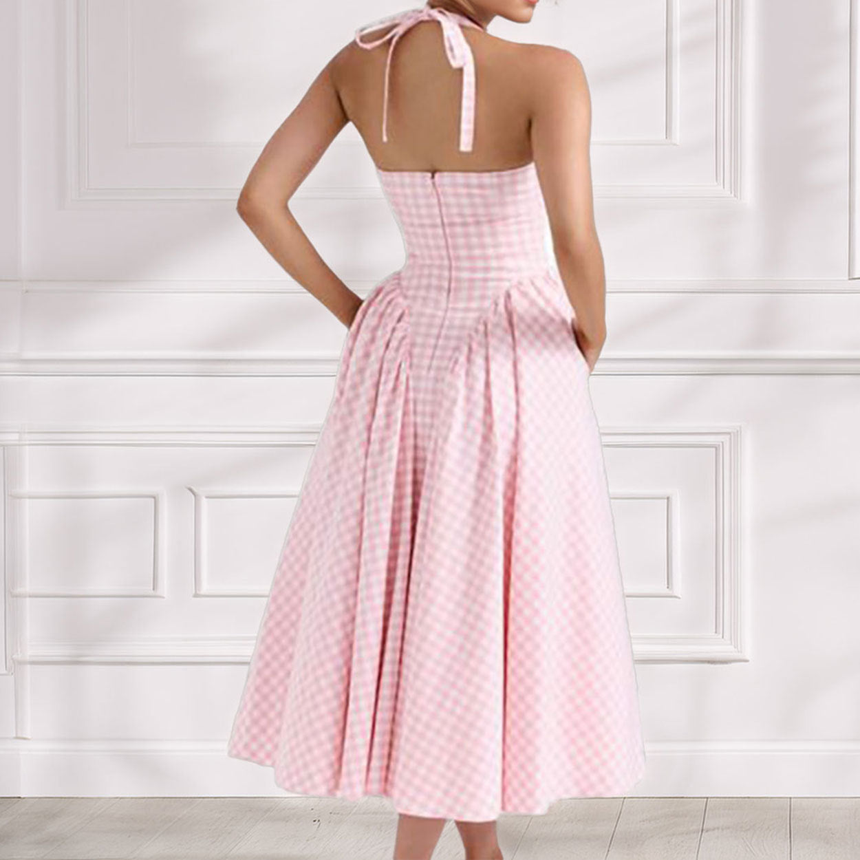 Women’s Halter Neck Dress – Cotton Blend – Slim Fit – A-Line Pleated Maxi Skirt
