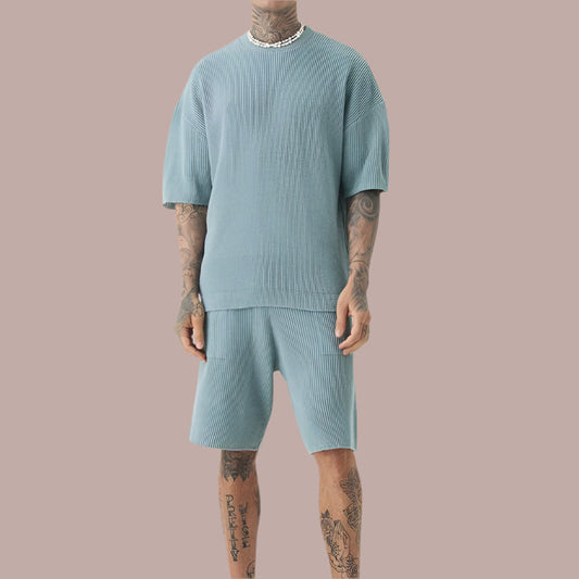Men’s Casual Set – Soft Ribbed Knit – Relaxed Fit – Short Sleeve Top and Shorts
