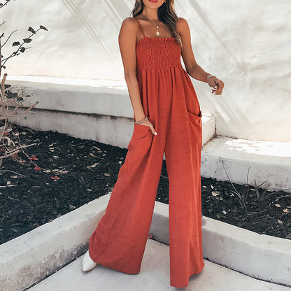 Women’s Jumpsuit – Relaxed Fit – Wide Leg – Ruched Bodice – Spaghetti Straps – Pockets