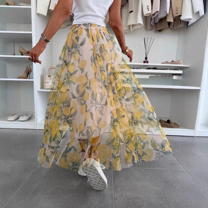 Women’s Long Skirt – Lightweight Mesh – Flowy Fit and Flare – Elastic Waist – Lemon Print