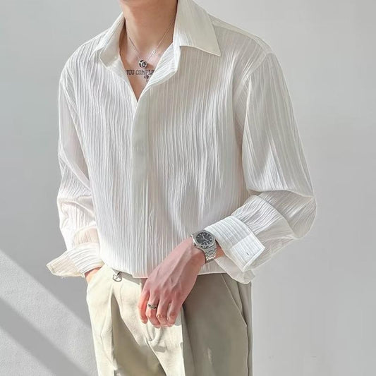 Men’s Long Sleeve Shirt – Relaxed Fit – Crinkle Texture – Button Down Casual Style