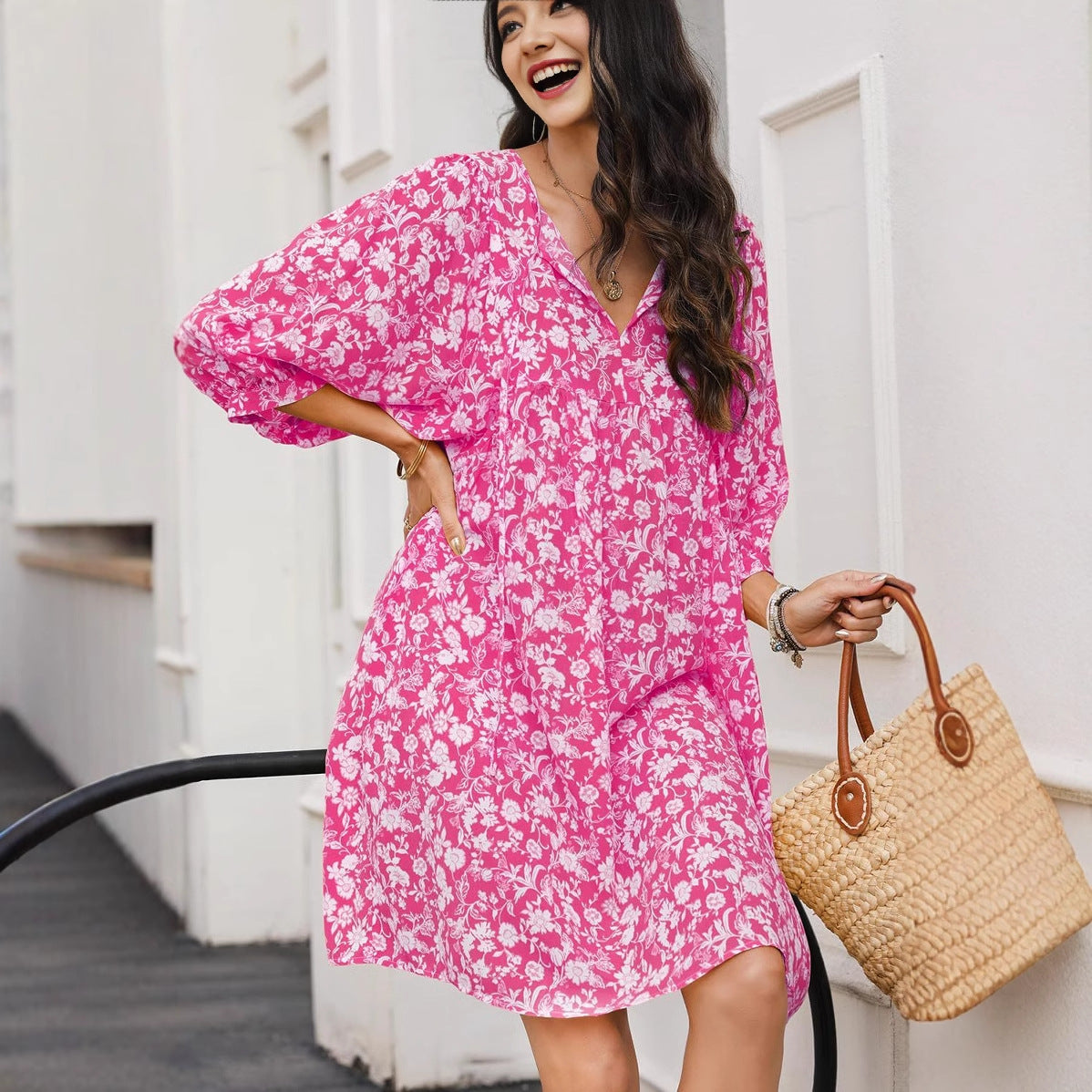 Women’s Midi Dress – V-Neck – Lantern Sleeve – Relaxed Fit – Cotton Boho Floral