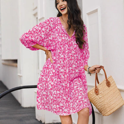 Women’s Midi Dress – V-Neck – Lantern Sleeve – Relaxed Fit – Cotton Boho Floral