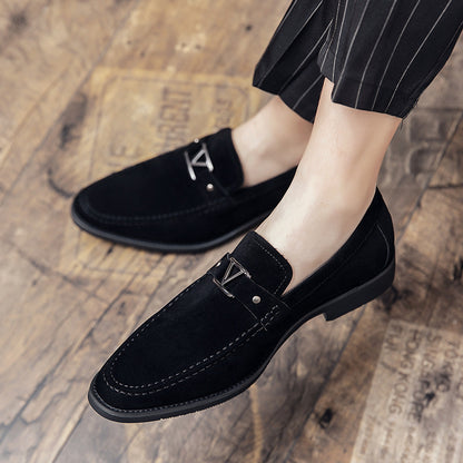 Men’s Loafers – Slip-On – Moc-Toe – Textured Finish – Metallic Buckle – Low Heel