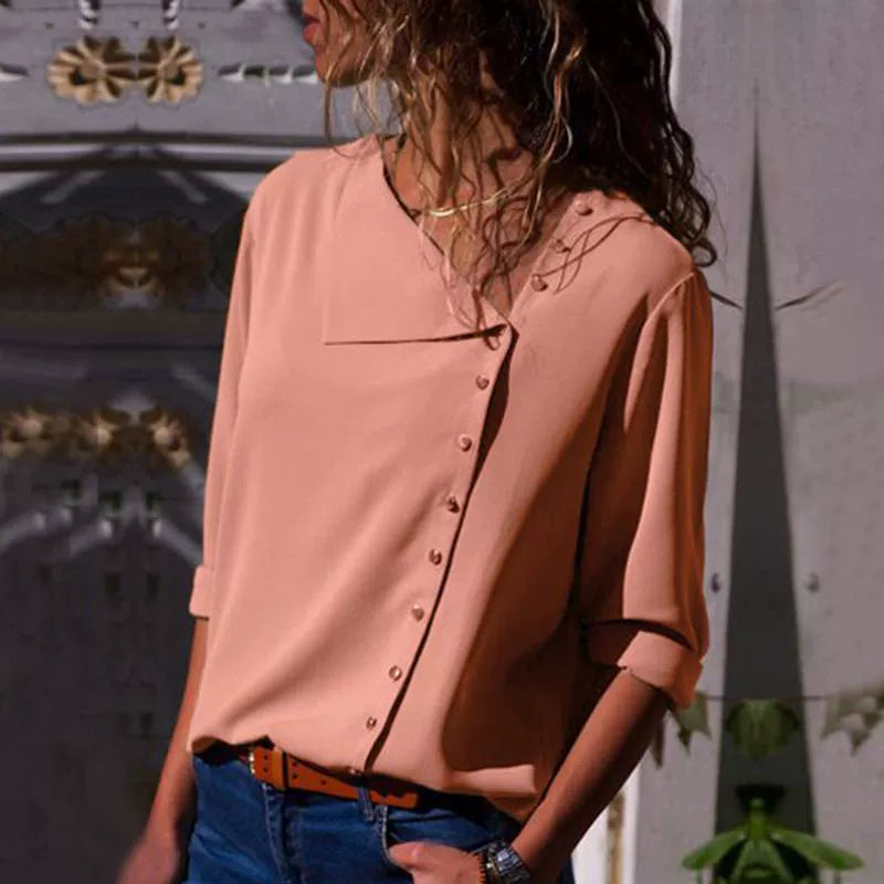 Women’s Shirt – Relaxed Fit – Cotton Feel – Asymmetrical Button Front – 3/4 Sleeve