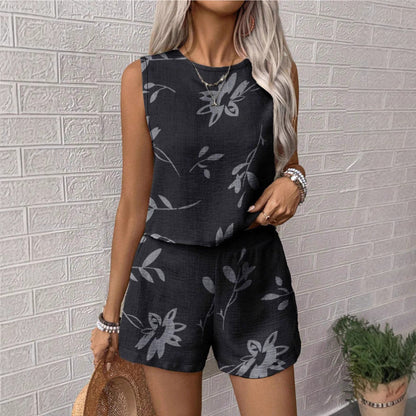 Women’s Two-Piece Set – Relaxed Fit – Sleeveless Crop Top and Shorts – Breathable Blend