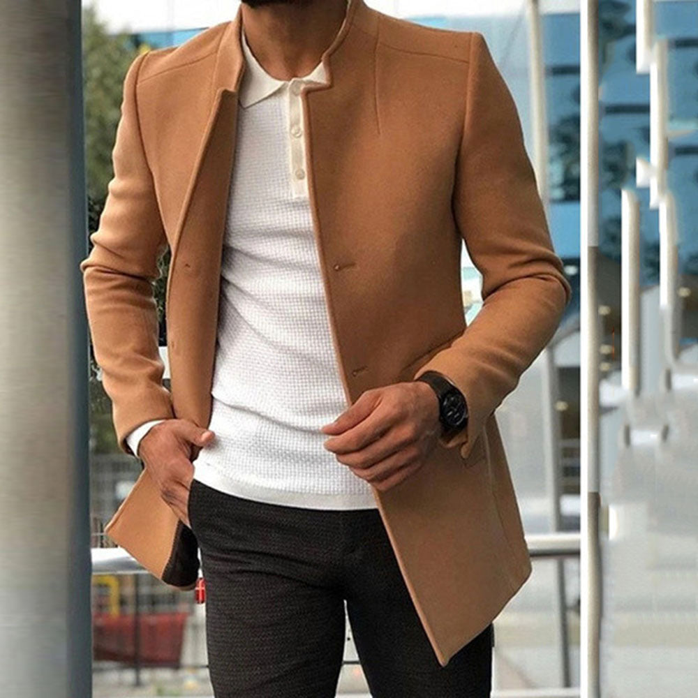 Men’s Overcoat – Slim Fit – Structured Silhouette – Standing Collar – Hidden Placket