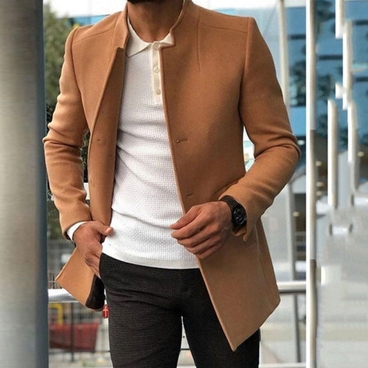 Men’s Overcoat – Slim Fit – Structured Silhouette – Standing Collar – Hidden Placket