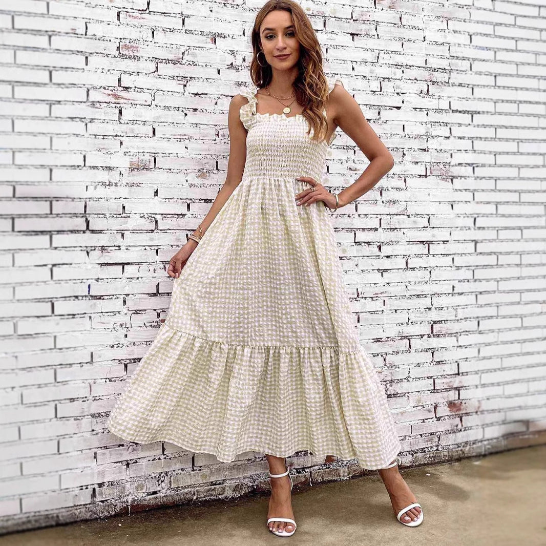 Women’s A-Line Dress – Smocked Bodice – Spaghetti Straps – Tiered Maxi – Checkered