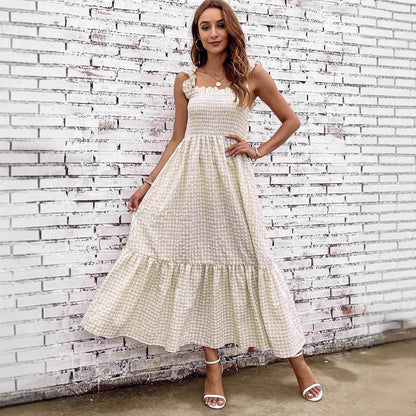 Women’s A-Line Dress – Smocked Bodice – Spaghetti Straps – Tiered Maxi – Checkered