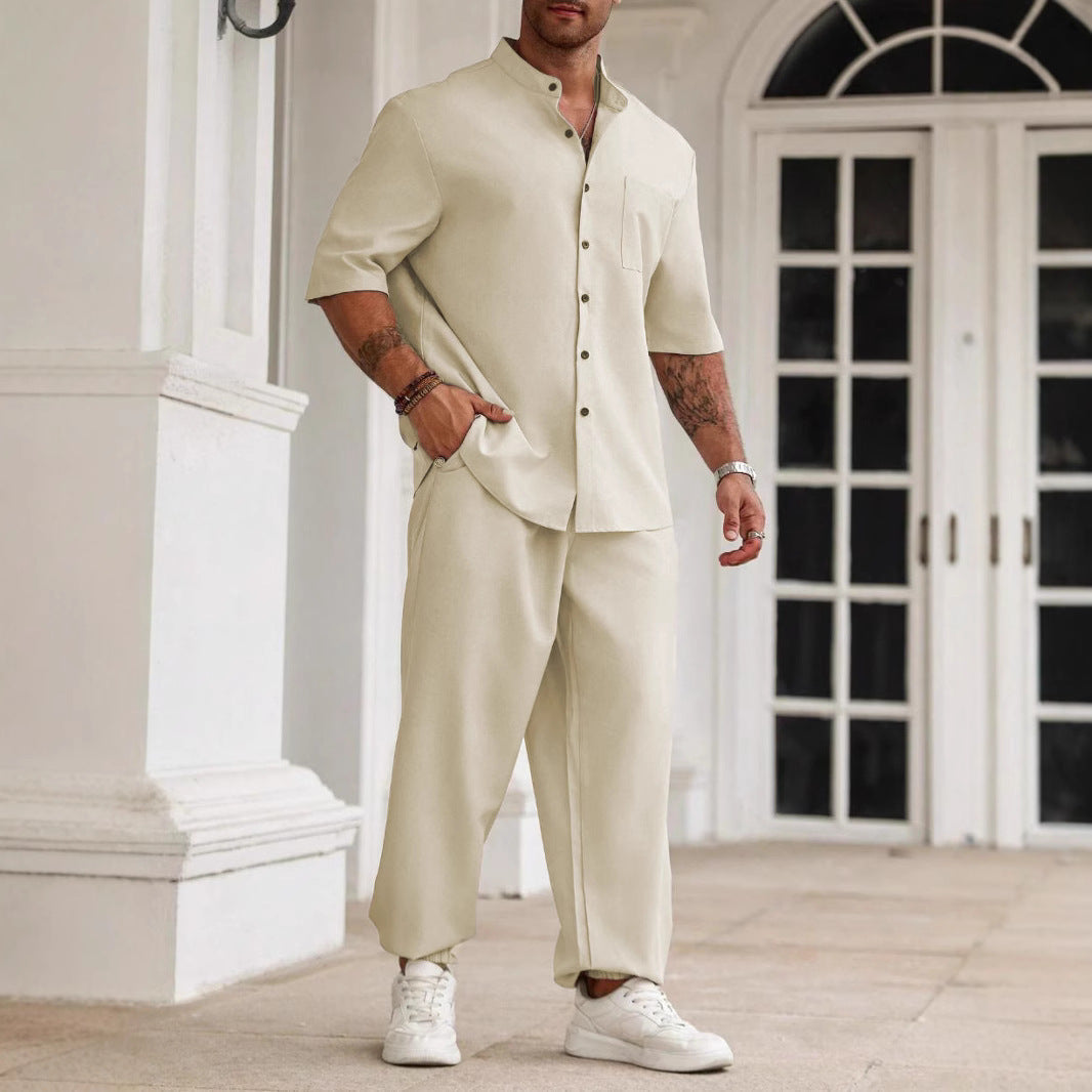 Men's Casual Set – Cotton Linen Blend – Relaxed Fit – Short Sleeve Shirt & Pants