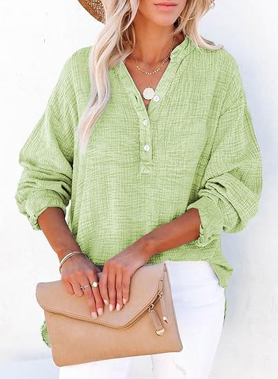 Women’s Long Sleeve Top – Relaxed Fit – Crinkled Cotton – Button Front Casual Style