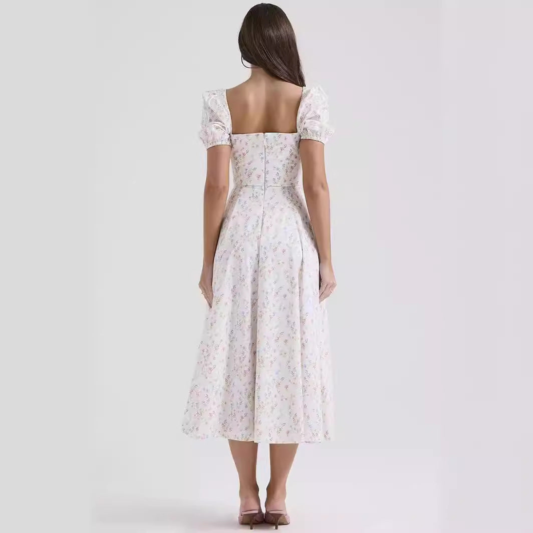 Women’s Midi Dress – Cotton A-Line – Square Neck – Puff Sleeve – Front Slit