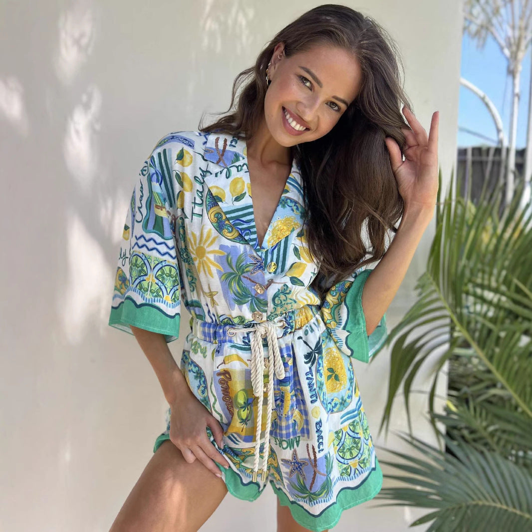 Women’s Romper – Relaxed Fit – Floral Print – Waist Tie – Lightweight Casual Wear