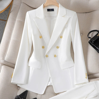 Women’s Blazer Set – Tailored Fit – Double-Breasted – Notched Lapel – Gold Button Detail