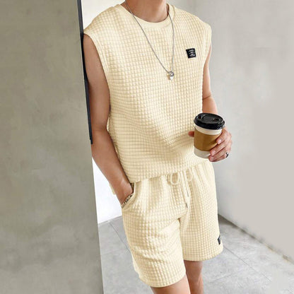 Men’s Sleeveless Lounge Set – Soft Waffle Knit – Relaxed Fit – Drawstring Shorts