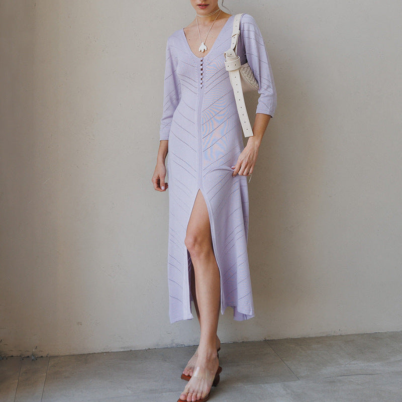 Women’s Knit Maxi Dress – Slim Fit – V-Neck – High Slit – Openwork Sleeves