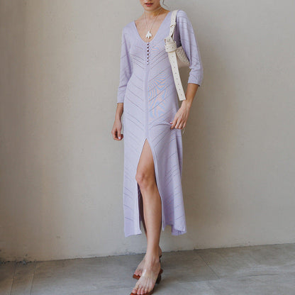 Women’s Knit Maxi Dress – Slim Fit – V-Neck – High Slit – Openwork Sleeves