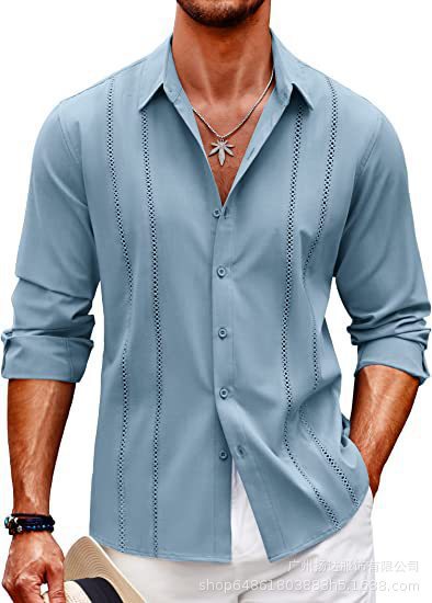Men’s Long Sleeve Shirt – Slim Fit – Cotton Blend – Button-Front – Minimalist Vertical Dot Detailing