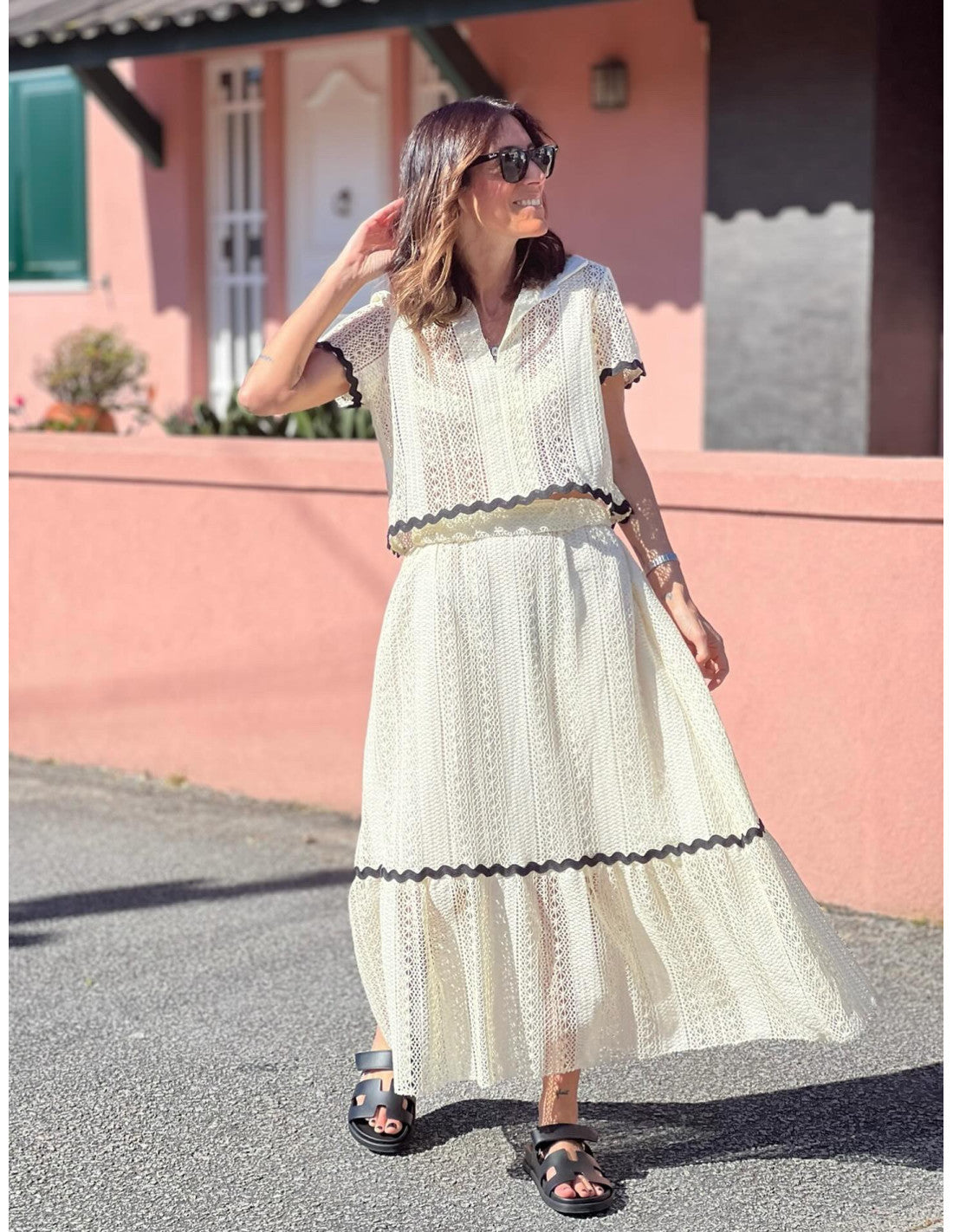 Women’s Skirt Set – Cotton Blend – Relaxed Fit – Lace Trim – Midi A-Line Skirt – Short Sleeve Top