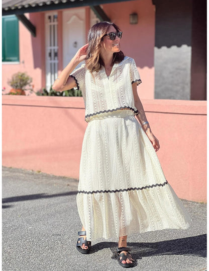 Women’s Skirt Set – Cotton Blend – Relaxed Fit – Lace Trim – Midi A-Line Skirt – Short Sleeve Top