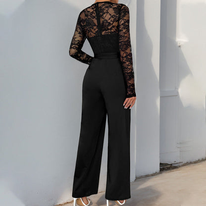 Women’s Jumpsuit – Lace Bodice – Sheer Long Sleeve – Wide Leg – Waist Tie Elegant Fit