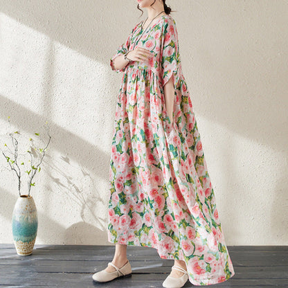 Women’s Long Dress – Floral Print – Loose Fit – Cotton Blend – 3/4 Sleeve Maxi