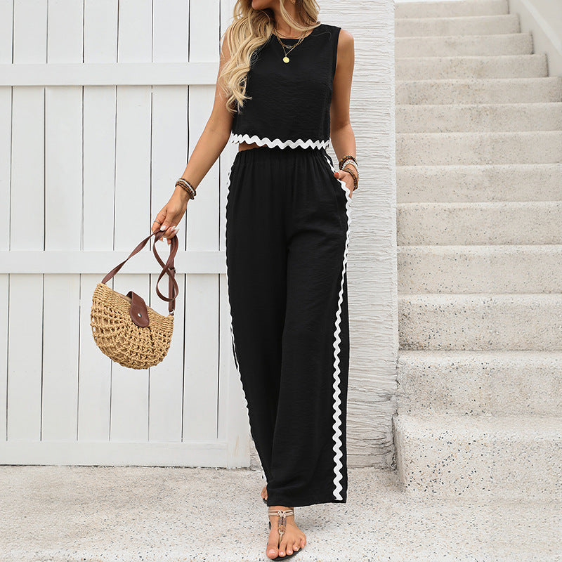 Women’s Two-Piece Set – Sleeveless Cropped Top & Wide-Leg Pants – Breathable Blend – Relaxed Fit – Wavy Contrast Trim