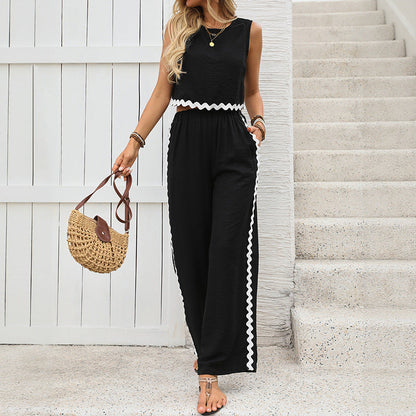 Women’s Two-Piece Set – Sleeveless Cropped Top & Wide-Leg Pants – Breathable Blend – Relaxed Fit – Wavy Contrast Trim