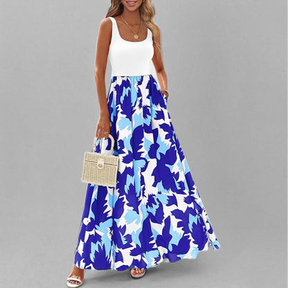 Women’s Maxi Dress – Sleeveless Scoop Neck – High Waist – Flowy A-Line – Printed Skirt
