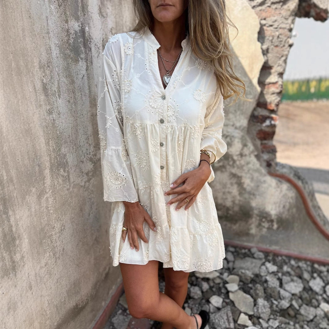Women’s Cotton Dress – Loose Fit – Embroidered Eyelet Lace – V-Neck Boho Style