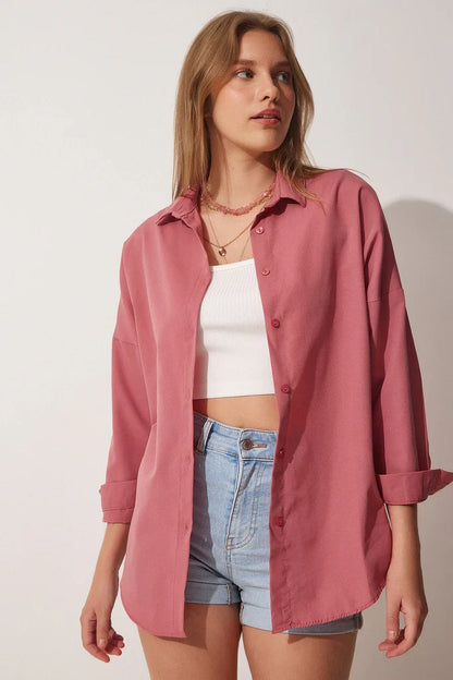 Women’s Blouse – Cotton Blend – Oversized Fit – Long Sleeve – Button Front Casual