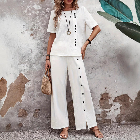 Women’s Two-Piece Set – Relaxed Fit – Wide Leg Pants – Button Detail – Cotton Blend