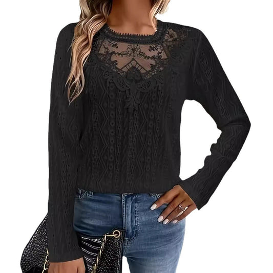 Women’s Long Sleeve T-Shirt – Slim Fit – Lace Hollow Detail – Sheer Fabric