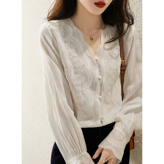 Women’s Blouse – Relaxed Fit – Embroidered Collar – Cotton Blend – Long Sleeve Lace Trim